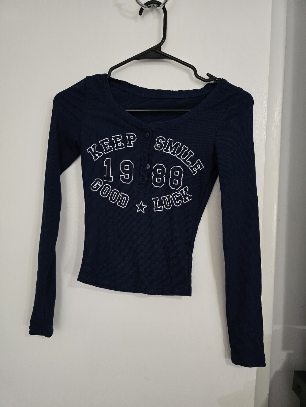 Navy Long-Sleeve Graphic Henley Top - Keep Smile 1988